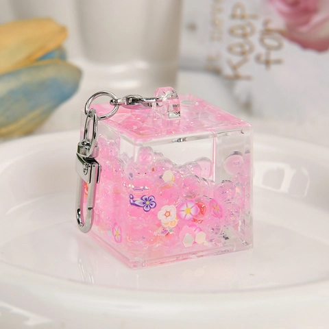 Porte-Clés Lumineux Sable Mouvant Liquide Cube Acrylique Paillettes Fleurs Flottantes Pendentif De Sac Brille Dans Le Noir