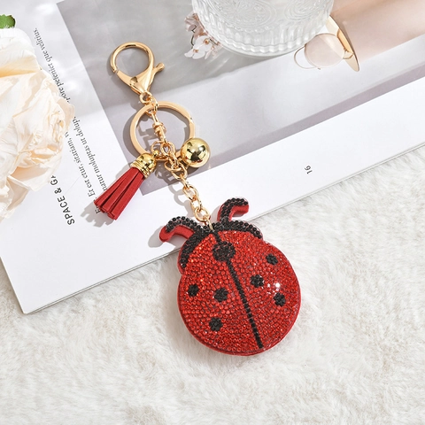 Llavero De Mariquita Con Cristales Y Pompon De Piel Sintetica Borla De Cuero Adorno De Bolso Joyeria De Insecto