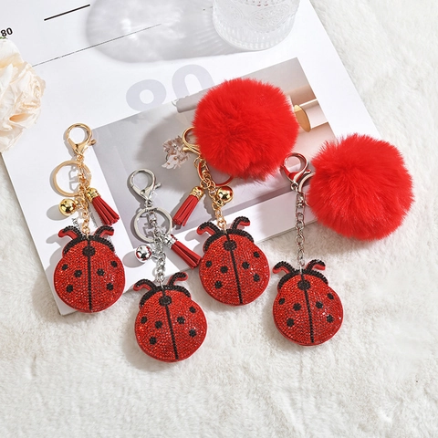 Llavero De Mariquita Con Cristales Y Pompon De Piel Sintetica Borla De Cuero Adorno De Bolso Joyeria De Insecto