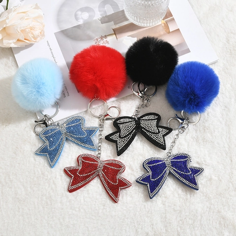 Portachiavi In Pelle Con Fiocco Di Strass E Pompon In Pelliccia Sintetica Ciondolo Per Borsa Luccicante Per Donna Ragazza