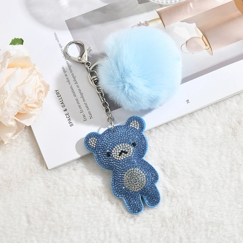 Rhinestone Bear Keychain With Fluffy Faux Fur Pom Pom Sparkling Animal Bag Charm Pendant For Women Girls Cute