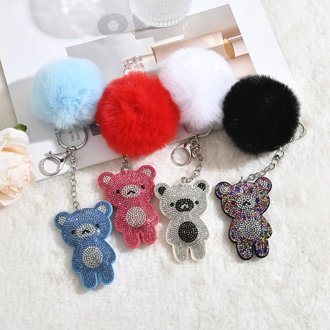 Rhinestone Bear Keychain With Fluffy Faux Fur Pom Pom Sparkling Animal Bag Charm Pendant For Women Girls Cute