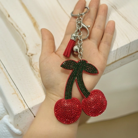 Llavero De Cereza Con Cristales Aleación De Zinc Brillante Colgante De Bolsa De Frutas Con Borla Y Campana Para Mujer