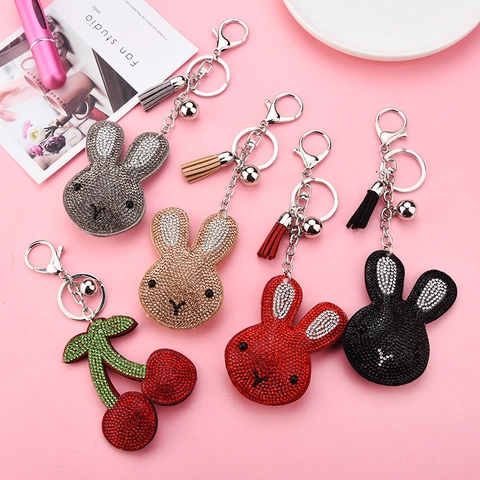 Simpatico Cartone Animato Coniglio Ciliegia Portachiavi Lega Strass Scintillante Borsa Fascino Nappa Campanello Per Donne Ragazze Moda