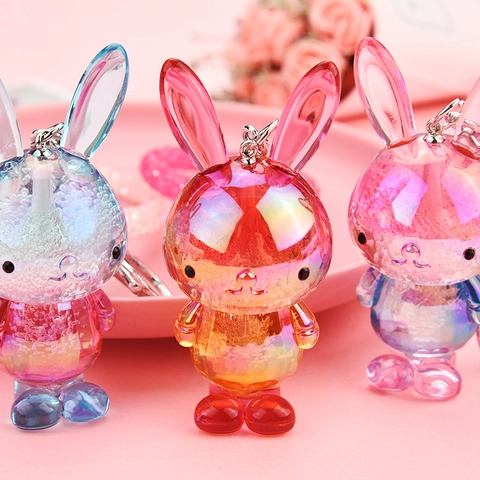 Mignon Porte-Clés Lapin Animal Dessin Animé Acrylique Résine Dégradé Irisé Charme De Sac Corde Strass Anneau