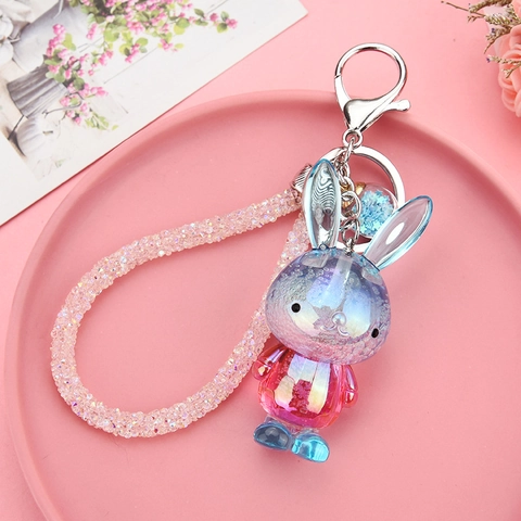 Mignon Porte-Clés Lapin Animal Dessin Animé Acrylique Résine Dégradé Irisé Charme De Sac Corde Strass Anneau
