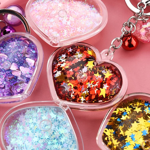 Porte-clés Coeur À Sable Mouvant Liquide Acrylique Paillettes Charme De Sac Avec Cloche Perle Pendentif Esthétique