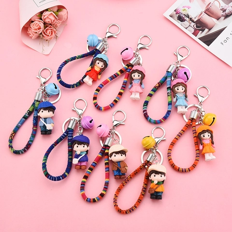 Cartoon Figure Keychain Resin Couple Doll Braided Rope Bell Bag Charm Backpack Accessory Cute Style Gift