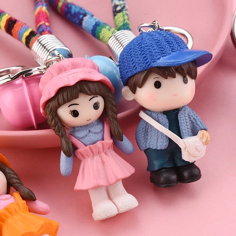 Cartoon Figure Keychain Resin Couple Doll Braided Rope Bell Bag Charm Backpack Accessory Cute Style Gift