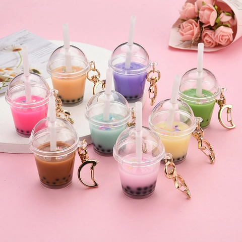 Simulation Künstliche Perlenmilchtee Tasse Schlüsselanhänger Mond Schnalle Harz Kunststoff Mini Boba Tee Anhänger Tasche Charm Kreativ