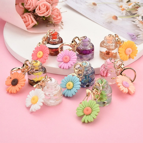 Porte-Clés Bouteille En Verre Fleur De Marguerite Avec Fermoir Lune Résine Florale Fleur Permanente Pendentif De Sac