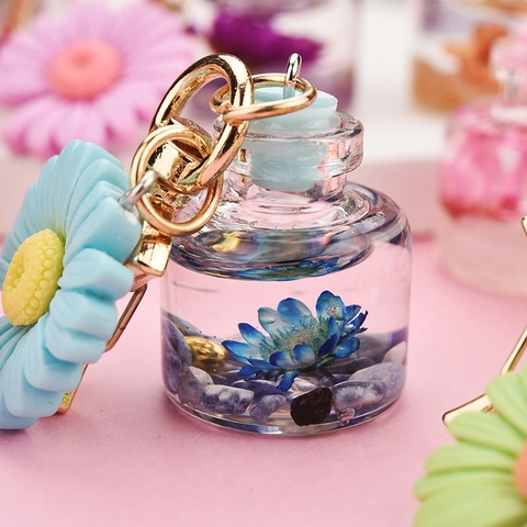 Porte-Clés Bouteille En Verre Fleur De Marguerite Avec Fermoir Lune Résine Florale Fleur Permanente Pendentif De Sac
