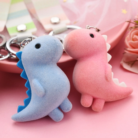 Cute Cartoon Dinosaur Keychain Flocked Texture Bag Pendant With Ribbon Strap Colorful Animal Charm