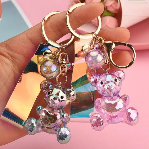 Facettierter Acryl Bär Schlüsselanhänger Mit Herz Irisierendes Holografisches Lanyard Kreativer Taschenanhänger