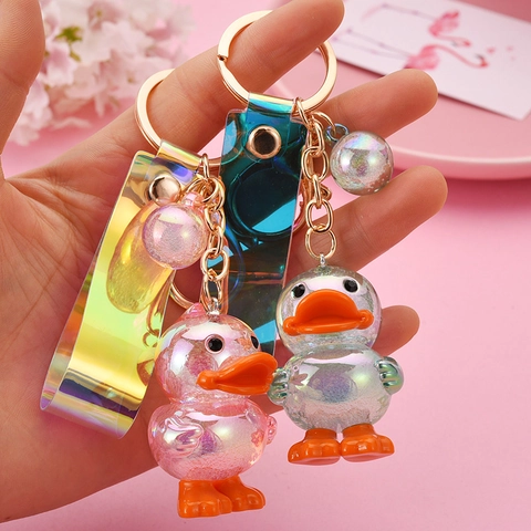 Portachiavi Anatra Cartone Animato Iridescente Acrilico Glitter Perla Artificial Ciondolo Borsa Accessorio Moda Per Donne Ragazze