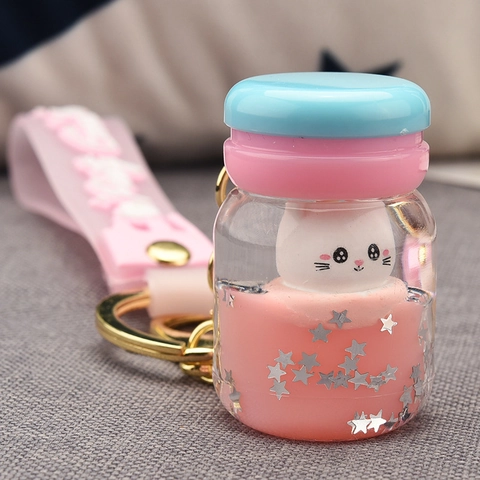 Portachiavi Liquido Carino Gatto Coniglio Acrilico Sabbie Mobili Stella Paillettes Bottiglia Ciondolo Borsa Regalo