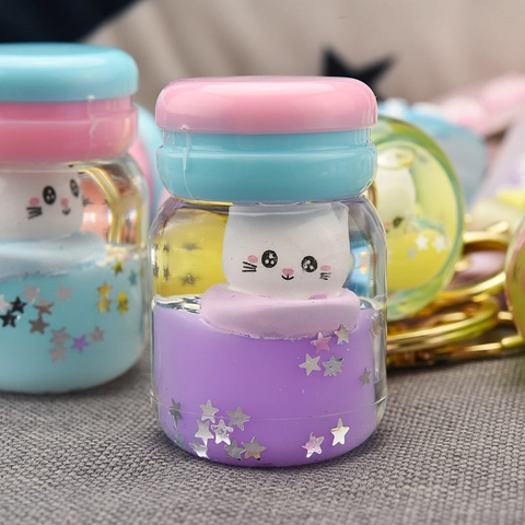 Portachiavi Liquido Carino Gatto Coniglio Acrilico Sabbie Mobili Stella Paillettes Bottiglia Ciondolo Borsa Regalo