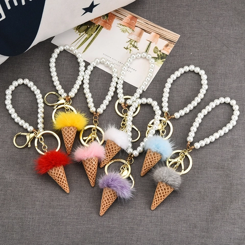 Ice Cream Cone Keychain Cute Faux Mink Fur Pom Pom Bag Charm Faux Artificial Pearl Bead Wristlet Strap Acrylic Accessory Women Girls