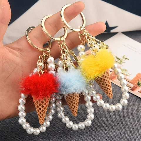 Ice Cream Cone Keychain Cute Faux Mink Fur Pom Pom Bag Charm Faux Artificial Pearl Bead Wristlet Strap Acrylic Accessory Women Girls