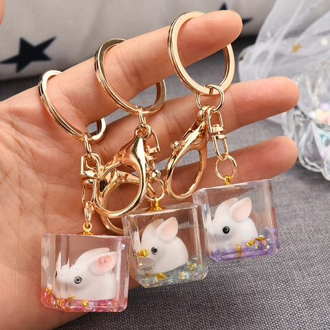 Porte-Clés Mignon Lapin Blanc Cube En Résine Pendentif Sac Lapin Transparent Avec Paillettes Dorées