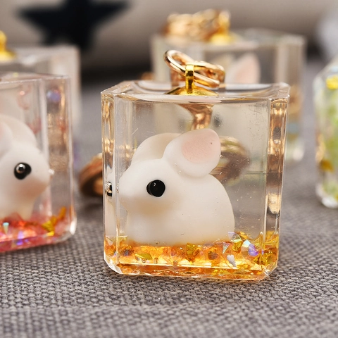 Porte-Clés Mignon Lapin Blanc Cube En Résine Pendentif Sac Lapin Transparent Avec Paillettes Dorées