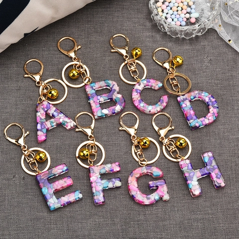 Alphabet Buchstaben Schlüsselanhänger Bunte Steine Transparente Harz Tasche Charm Gold Verschluss Glocke Zubehör