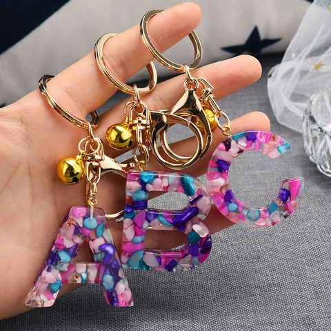 Alphabet Buchstaben Schlüsselanhänger Bunte Steine Transparente Harz Tasche Charm Gold Verschluss Glocke Zubehör