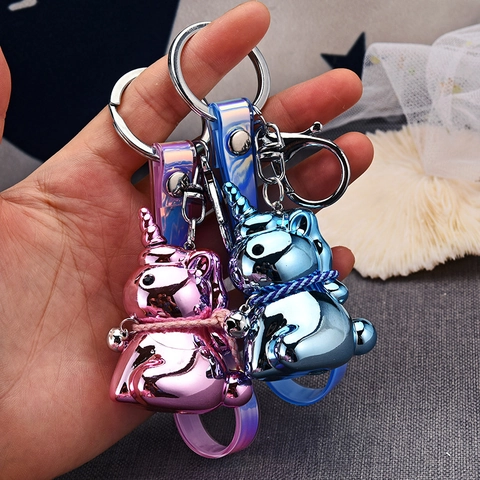 Portachiavi Unicorno Galvanizzato Metallico Cinturino In PVC Iridescente Con Campanello Ciondolo Per Borsa Animali
