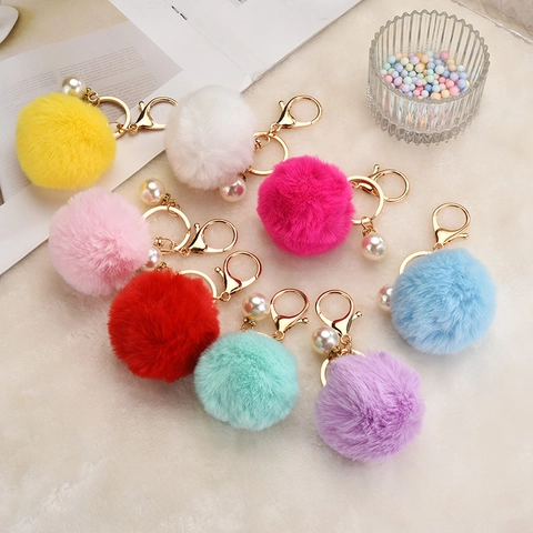 Faux Fur Pom Pom Keychain Soft Plush Ball Bag Charm With Faux Artificial Pearl Sweet Cute Accessory For Handbags Backpacks