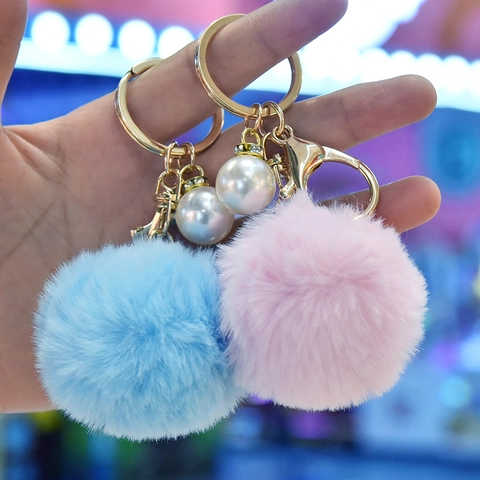 Faux Fur Pom Pom Keychain Soft Plush Ball Bag Charm With Faux Artificial Pearl Sweet Cute Accessory For Handbags Backpacks
