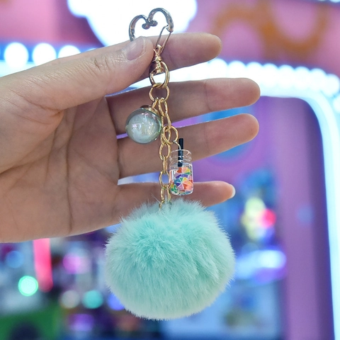Faux Fur Pom-pom Keychain With Heart Metal Clasp And Mini Drink Bottle Charm Cute Bag Pendant For Women Girls
