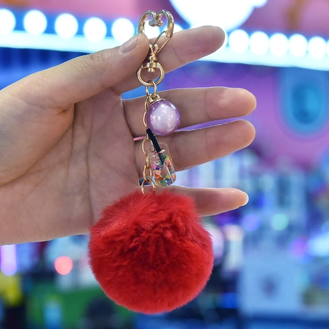 Faux Fur Pom-pom Keychain With Heart Metal Clasp And Mini Drink Bottle Charm Cute Bag Pendant For Women Girls