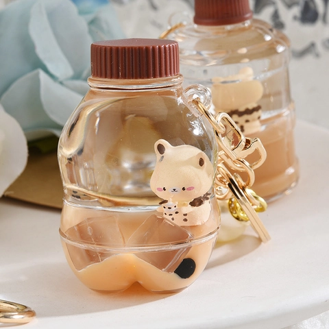 Portachiavi Tazza Tè Al Latte Acrilico Liquido Sabbie Mobili Orso Galleggiante Pendente Borsa Charm Accessori Carino