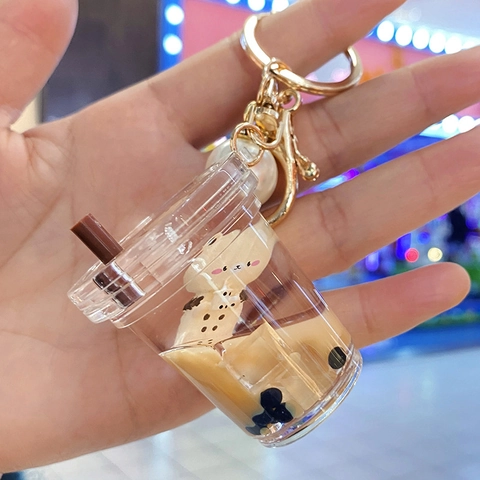 Portachiavi Tazza Tè Al Latte Acrilico Liquido Sabbie Mobili Orso Galleggiante Pendente Borsa Charm Accessori Carino
