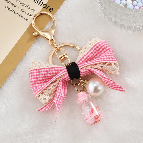 Porte-clés Nœud Papillon Mignon Avec Fausse Künstliche Perle Et Mini Bouteille Dérivante Tissu Écossais Dentelle Charme De Sac Pour Femmes