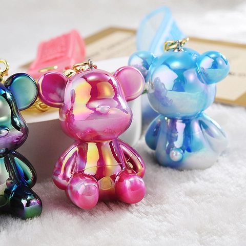 Cartoon Bear Keychain Gradient Acrylic Resin Pendant With Silicone Strap And Gold Bell Bag Charm For Women Kids