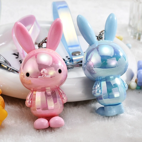 Rabbit Keychain Iridescent Pearlescent Cartoon Bunny Bag Pendant With Colorful Strap Metal Clasp Kawaii Gift