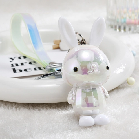 Rabbit Keychain Iridescent Pearlescent Cartoon Bunny Bag Pendant With Colorful Strap Metal Clasp Kawaii Gift