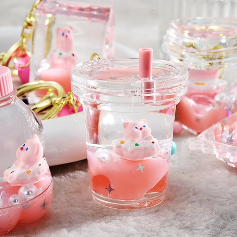 Liquid Quicksand Keychain Acrylic Cartoon Pig Milk Tea Cup Bottle Pendant Pink Glitter Hanging Decor With Bell