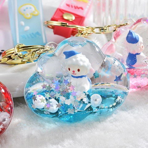 Cloud Quicksand Keychain Liquid Glitter Acrylic Pendant With Cartoon Figure Silicone Strap Bag Accessory For Women Girls