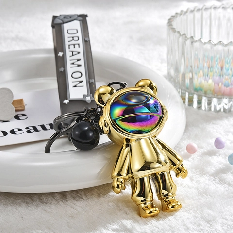 Astronaut Bear Keychain Electroplated Plastic Iridescent Visor With Printed Strap Bell Bag Charm Novelty Space Gift