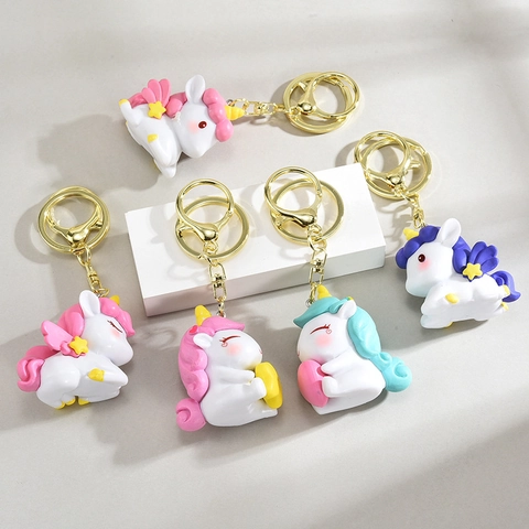 Simpatico Portachiavi Unicorno Cartone Animato Resina PVC Kawaii Animale Fascino Borsa Anello Chiave Auto Cuore Stella Regalo