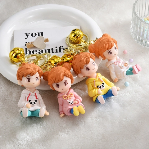 Cartoon Hoodie Figure Keychain Resin Cute Doll Pendant With Large Golden Bell For Backpack Bag Accessories Kawaii Gift