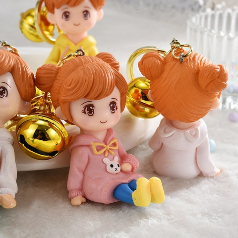 Cartoon Hoodie Figure Keychain Resin Cute Doll Pendant With Large Golden Bell For Backpack Bag Accessories Kawaii Gift