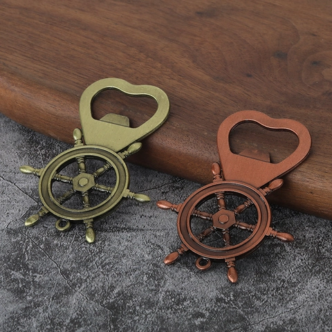 Nautical Ship Wheel Bottle Opener Keychain Vintage Zinc Alloy Heart Shape Rudder Key Ring Party Wedding Favors