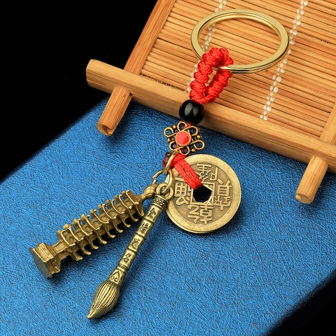 Porte-clés En Laiton Avec Tour De Pagode Pinceau D'écriture Et Pièces Anciennes Style Chinois Porte-bonheur Cadeau