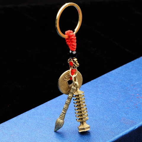 Porte-clés En Laiton Avec Tour De Pagode Pinceau D'écriture Et Pièces Anciennes Style Chinois Porte-bonheur Cadeau
