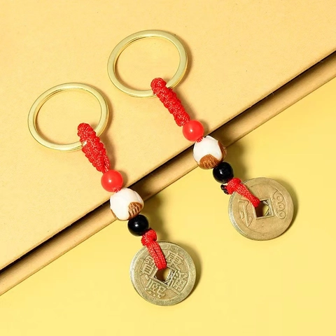 Portachiavi Vintage In Stile Cinese Con Monete In Lega Corda Intrecciata Rossa E Perle In Ceramica Fatto A Mano