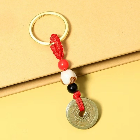 Portachiavi Vintage In Stile Cinese Con Monete In Lega Corda Intrecciata Rossa E Perle In Ceramica Fatto A Mano