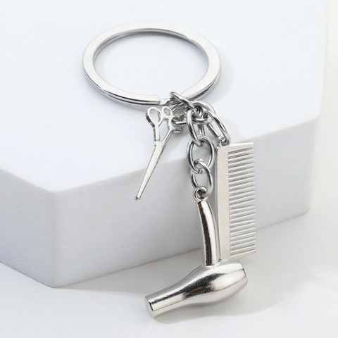 Frisör Thema Schlüsselanhänger Metall Mini Schere Haartrockner Kamm Anhänger Kreatives Stylist Geschenk Silber